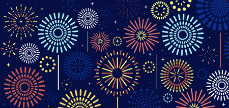 Holiday celebration panorama with fireworks show background design.のイラスト素材