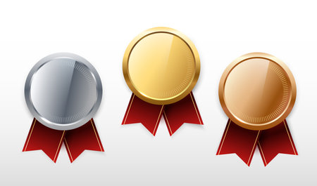 Gold, silver and bronze medals vector. Champion and winner awards Sports medal set with red ribbon.の写真素材