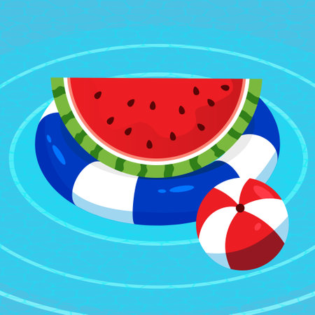 Watermelon with lifebuoy on the water.beach ball object and swimming pool.summer illustrationのイラスト素材