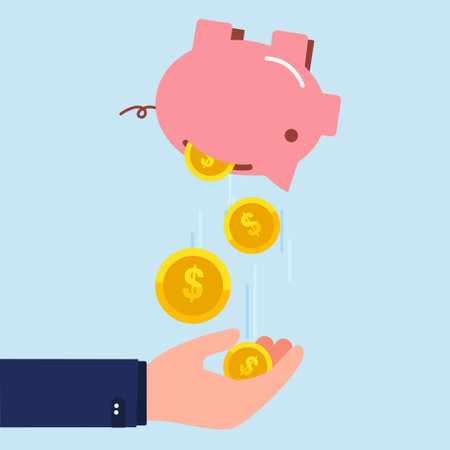 Business man Hands shaking piggy bank with Money Falling Down. Savings, Wealth vector illustration.のイラスト素材