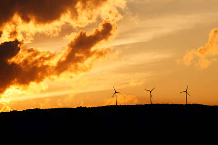 three wind turbines on horizon at sunsetの写真素材