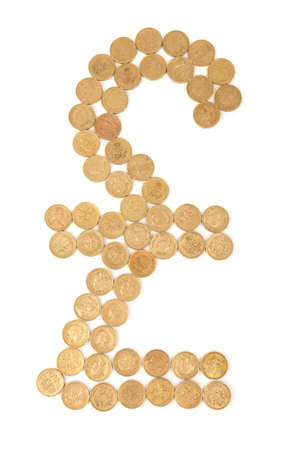 british pound sign made from one pound coins isolated on white backgroundの写真素材