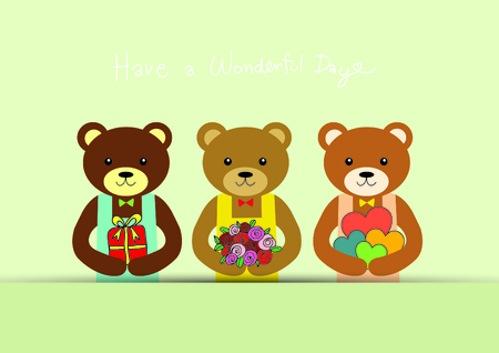 Bears hold flower, gift, heart with massage have a wonderful day のイラスト素材