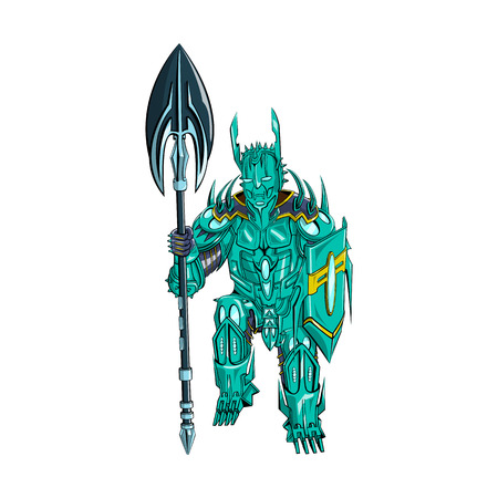 illustration of a warrior with a weapon and shield in metal armorのイラスト素材