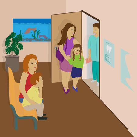 Vector illustration of a hospital mother and daughter leaving the doctor's office. Mom and son are waiting for a dentist.のイラスト素材