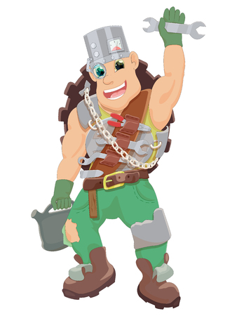 The merry mechanic is armed with tools and is ready to work.のイラスト素材