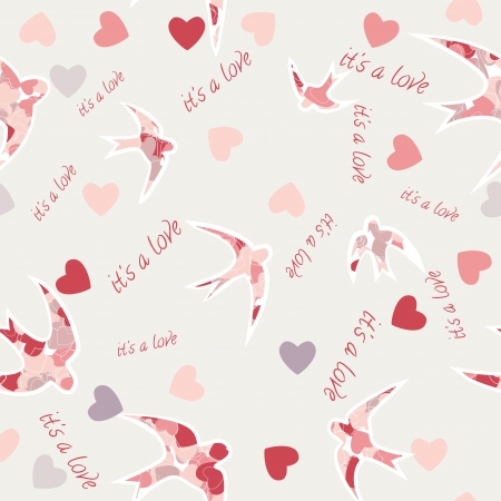 Seamless texture with swallows and hearts  Valentine s day  Pastel spring colors  Silhouettes of birdsのイラスト素材