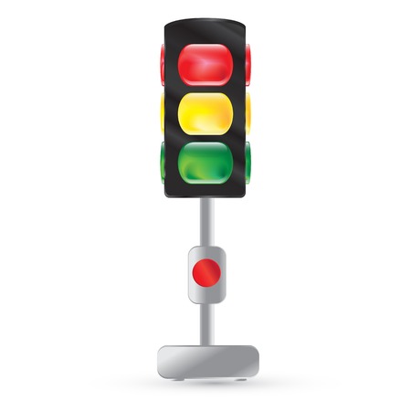 Isolated traffic light painted on a white Traffic lights on a steel leg  Red button  Red, yellow, green lightのイラスト素材