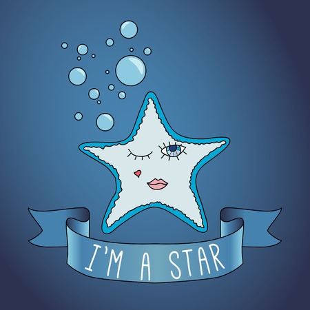 Illustration starfish. ribbon and slogan. I'm a star. Bubbles and sea theme. Well as to print T-shirts.のイラスト素材
