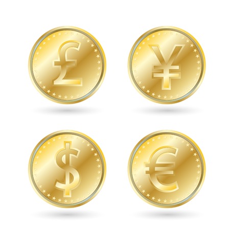 currency symbols, gold coin. dollar, yen, euro, pound sterlingのイラスト素材