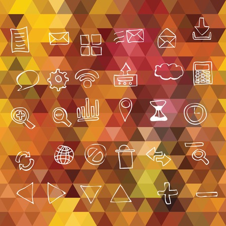 Orange geometric background with triangles. Different Web icons.のイラスト素材