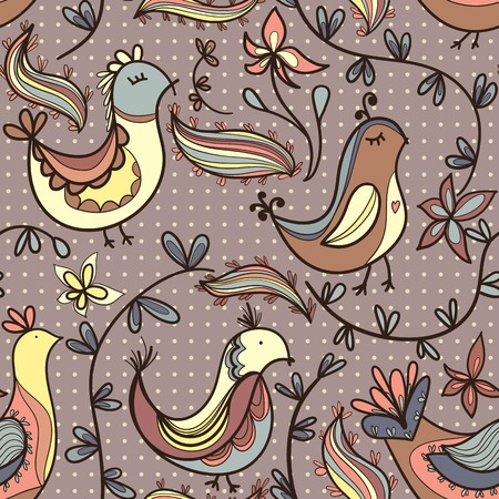 Seamless texture with flowers and birds. Endless floral pattern.