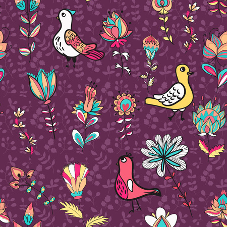 Seamless flower and bird. Endless floral pattern. Full color floral backgroundのイラスト素材