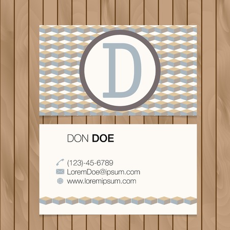Business card with alphabet letter on a wood background. Vector template editableのイラスト素材