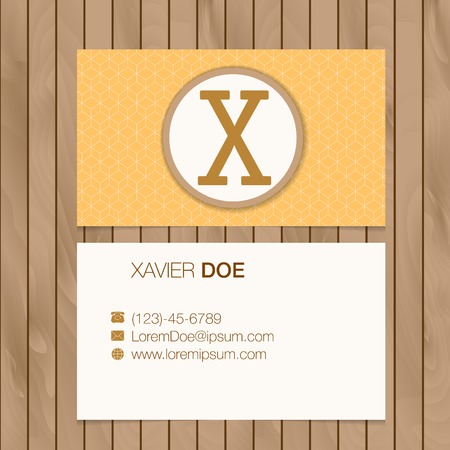 Business card with alphabet letter on a wood background. Vector template editableのイラスト素材