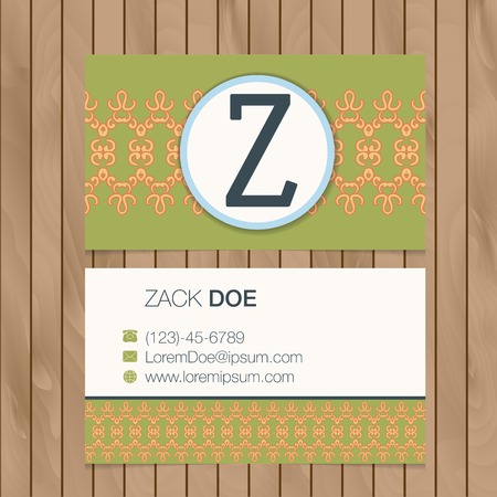 Business card with alphabet letter on a wood background. Vector template editableのイラスト素材