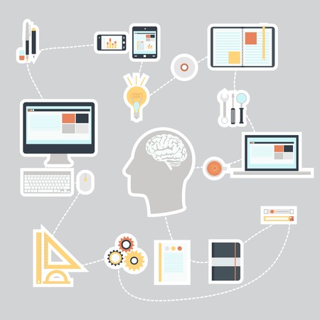 Flat design modern vector illustration icons set of SEO website searching optimization and technology development object and equipment in stylish colors.のイラスト素材