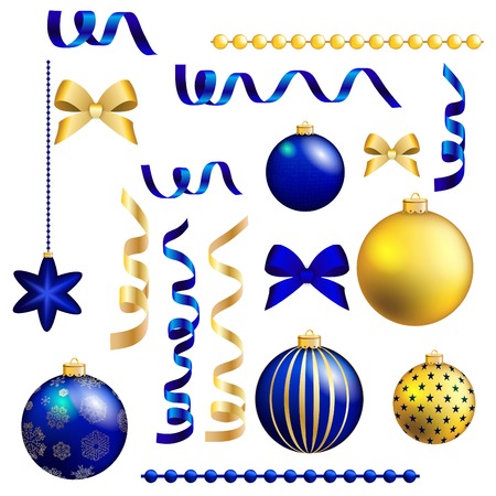 Christmas decorative ball and ribbon set. Collection of various Christmas elements for design and page decoration. Vector illustration.のイラスト素材