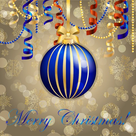 New Year greeting card. Christmas Ball with bow and ribbon. Xmas Decorations. Sparkles and bokeh. Shiny and glowingのイラスト素材