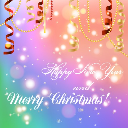 New year greeting card, Christmas bow and ribbon. Happy New Year and Merry Christmas. Xmas Decorations. Sparkles and bokeh. Shiny and glowing. Holiday Design for New Year Greeting Card. Vector.のイラスト素材