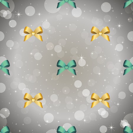 New Year pattern with Christmas ball. Christmas wallpaper with bow and ribbon. Sparkles and bokeh. Shiny and glowingのイラスト素材