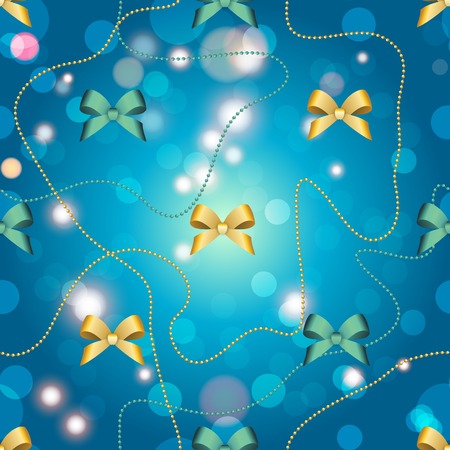 New Year pattern with Christmas ball. Christmas wallpaper with bow and ribbon. Sparkles and bokeh. Shiny and glowingのイラスト素材