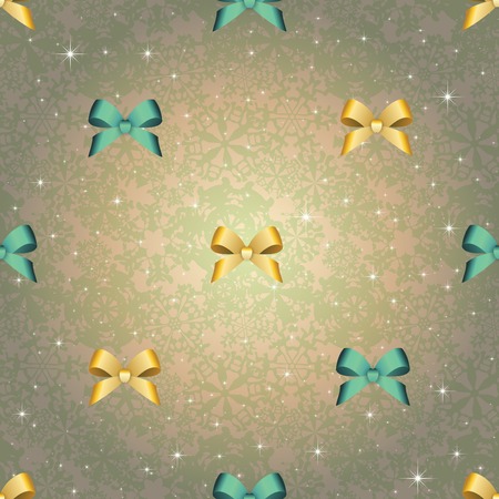 New Year pattern with Christmas ball. Christmas wallpaper with bow and ribbon. Sparkles and bokeh. Shiny and glowingのイラスト素材