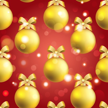 New Year ball pattern. Christmas wallpaper with bow and ribbon. Seamless background. Xmas Decorations. Sparkles and bokeh. Shiny and glowingのイラスト素材