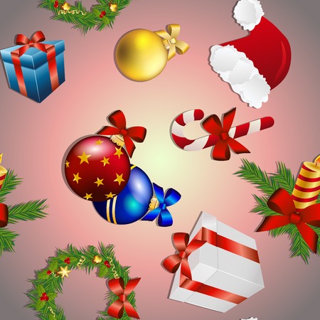New year seamless pattern with Christmas toy, gift, Christmas wreath, candle and candy and Santa hatのイラスト素材