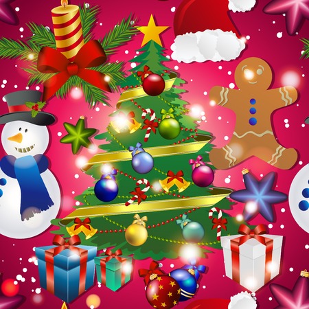 New year pattern with snowman, Christmas tree toy, gingerbread man. Gift and candle. Santa hat. Sparkles and bokeh. Shiny and glowingのイラスト素材