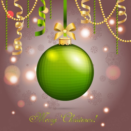 New Year greeting card. Christmas Ball with bow and ribbon. Xmas Decorations. Sparkles and bokeh. Shiny and glowingのイラスト素材