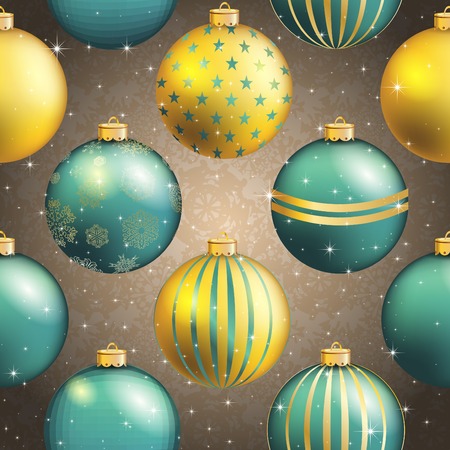 New Year pattern with Christmas ball. Christmas wallpaper with bow and ribbon. Sparkles and bokeh. Shiny and glowingのイラスト素材