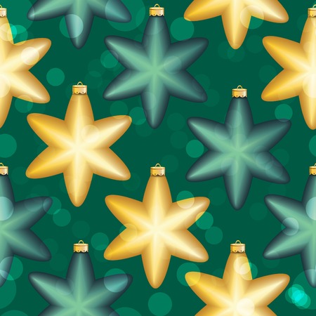 New Year pattern with Christmas ball. Christmas wallpaper with bow and ribbon. Sparkles and bokeh. Shiny and glowingのイラスト素材
