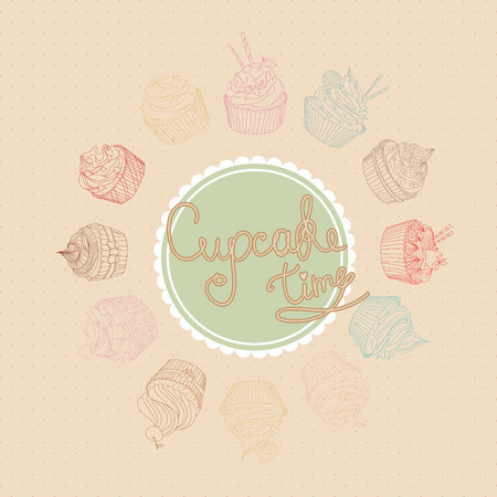 Cupcake set. Sweet food contour drawのイラスト素材
