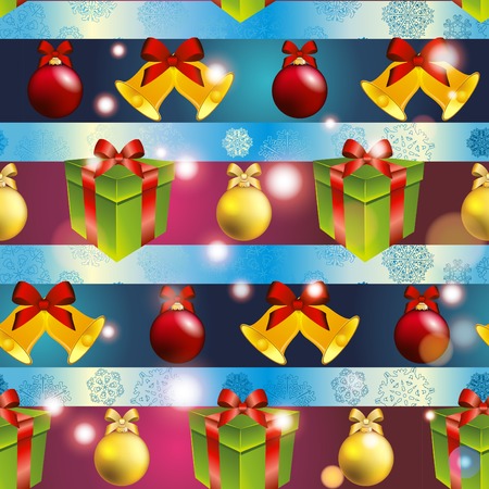 New year pattern with tree toys gift with ribbon and Christmas bell. Sparkles and bokeh. Shiny and glowingのイラスト素材