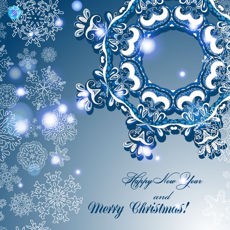 New Year greeting card. Congratulations on Christmas. Circle lace hand-drawn ornament card. Sparkles and bokeh. Shiny and glowingのイラスト素材