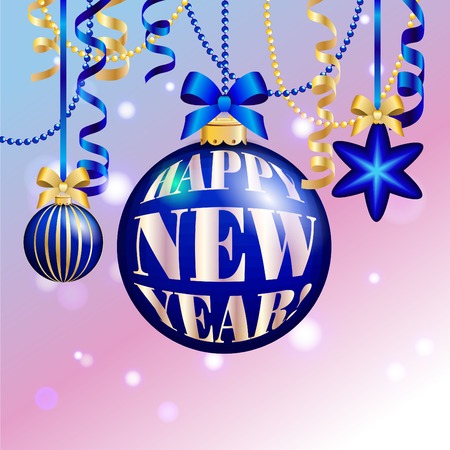 New Year greeting card. Christmas Ball with bow and ribbon. Xmas Decorations. Sparkles and bokeh. Shiny and glowingのイラスト素材