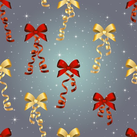 New Year Christmas wallpaper with bow and ribbon. Seamless background. Decoration element. Sparkles and bokeh. Shiny and glowing.のイラスト素材