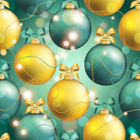New Year pattern with Christmas ball. Christmas wallpaper with bow and ribbon. Sparkles and bokeh. Shiny and glowingのイラスト素材