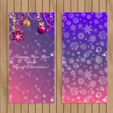 New Year greeting card on wooden background. Christmas Ball with bow and ribbon. Xmas Decorations. Sparkles and bokeh. Shiny and glowingのイラスト素材