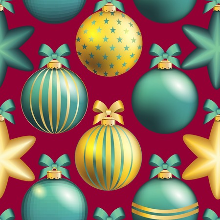 New Year pattern with Christmas ball. Christmas wallpaper with bow and ribbon. Sparkles and bokeh. Shiny and glowingのイラスト素材