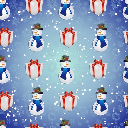New year pattern with snowman and gift. Christmas texture fill. Backdrop with snowflakes.のイラスト素材