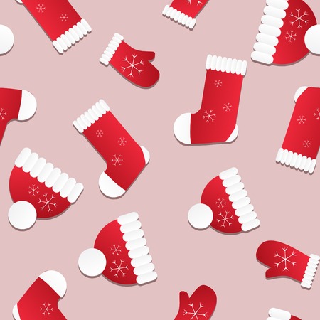 Seamless Christmas pattern. Seamless texture with red hats, mittens and socks.のイラスト素材