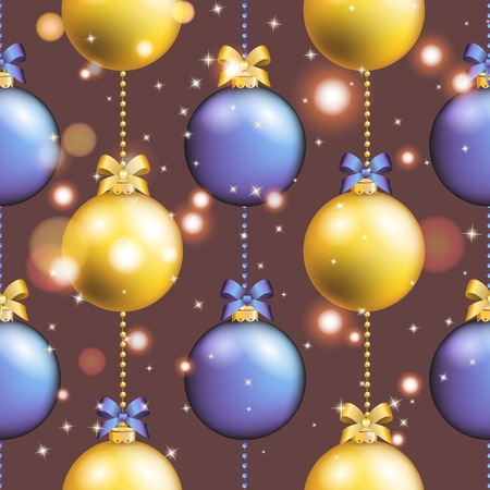 New Year pattern with Christmas ball. Christmas wallpaper with bow and ribbon. Sparkles and bokeh. Shiny and glowingのイラスト素材