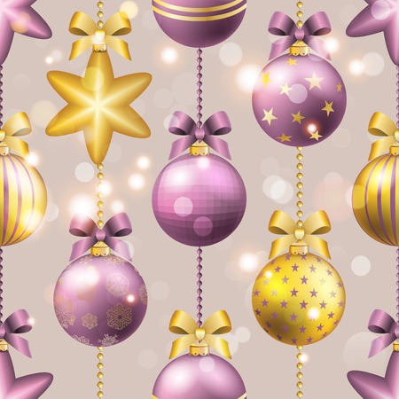 New Year pattern with Christmas ball. Christmas wallpaper with bow and ribbon. Sparkles and bokeh. Shiny and glowingのイラスト素材