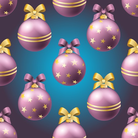 New Year pattern with Christmas ball. Christmas wallpaper with bow and ribbon. Sparkles and bokeh. Shiny and glowingのイラスト素材