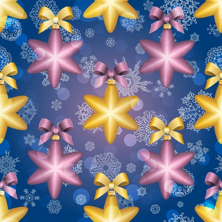 New Year pattern with Christmas ball. Christmas wallpaper with bow and ribbon. Sparkles and bokeh. Shiny and glowingのイラスト素材