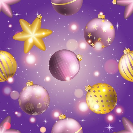 New Year pattern with Christmas ball. Christmas wallpaper with bow and ribbon. Sparkles and bokeh. Shiny and glowingのイラスト素材