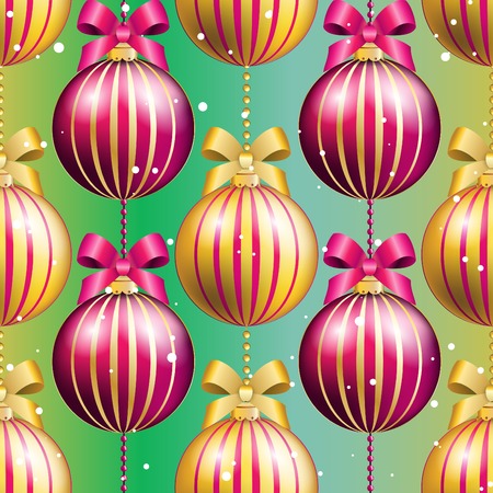 New Year pattern with Christmas ball. Christmas wallpaper with bow and ribbon. Sparkles and bokeh. Shiny and glowingのイラスト素材