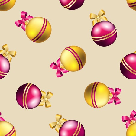 New Year pattern with Christmas ball. Christmas wallpaper with bow and ribbon. Sparkles and bokeh. Shiny and glowingのイラスト素材